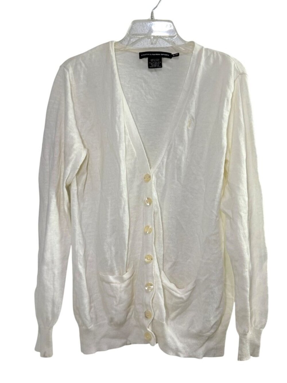 Ralph Lauren Sport Off White Cardigan Cotton Linen Blend V-Neck Pockets Womens X